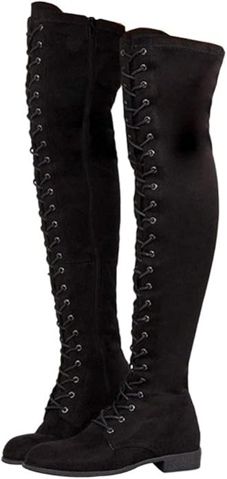 CELNEPHO Womens Over the Knee Boots, Lace Up Zip Low Chunky Heel Round-Toe Motorcycle Combat Knee... | Amazon (US)