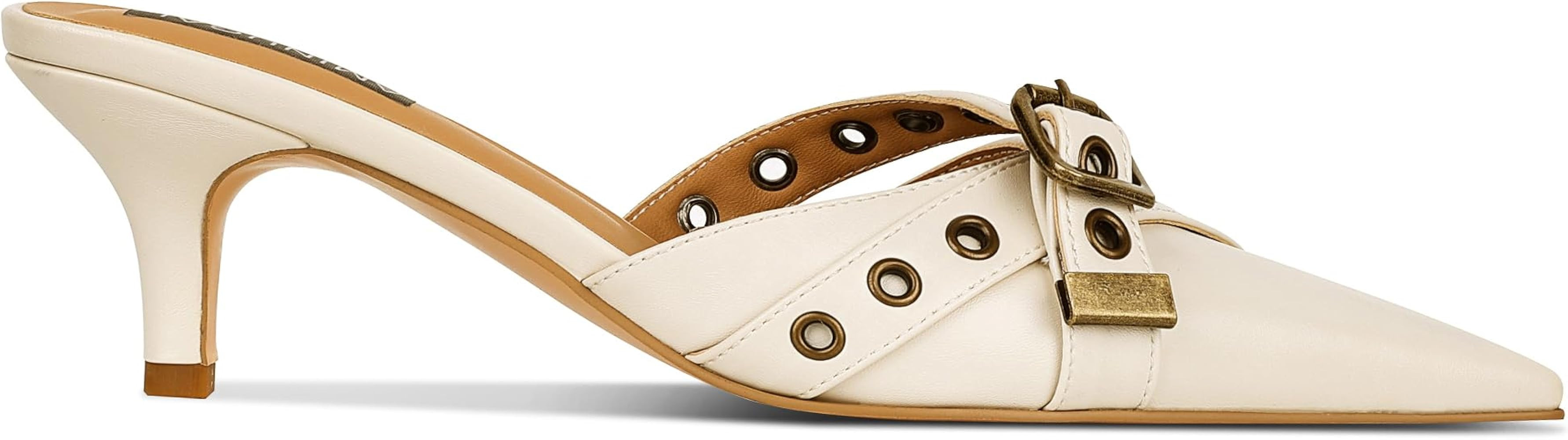 AMINUGAL Mules Heels for Women Pointed Closed Toe Kitten Pumps Buckle Slip On Studded Stiletto He... | Amazon (US)