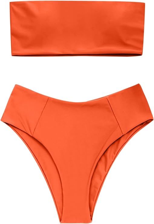 ZAFUL Women's Strapless Solid Color 2 Pieces Swimsuit Bandeau Bikini Bathing Suit | Amazon (US)
