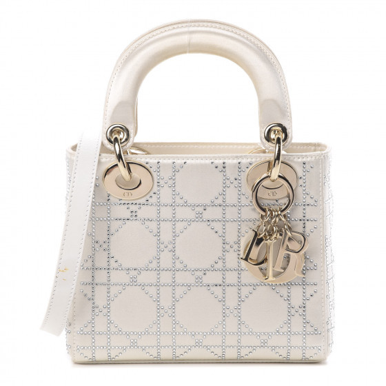 CHRISTIAN DIOR Satin Crystal Cannage Mini Lady Dior White | Fashionphile
