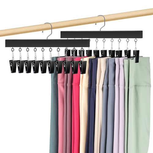 Draxzor 2 Pack Leggings Hangers for Closet, Wooden Legging Hanger for Closet Organizer with 20 Upgraded Clips Holds 20 Leggings, 360° Rotatable Space Saving Yoga Pants Hanger for Socks, Skirts, Black | Amazon (US)