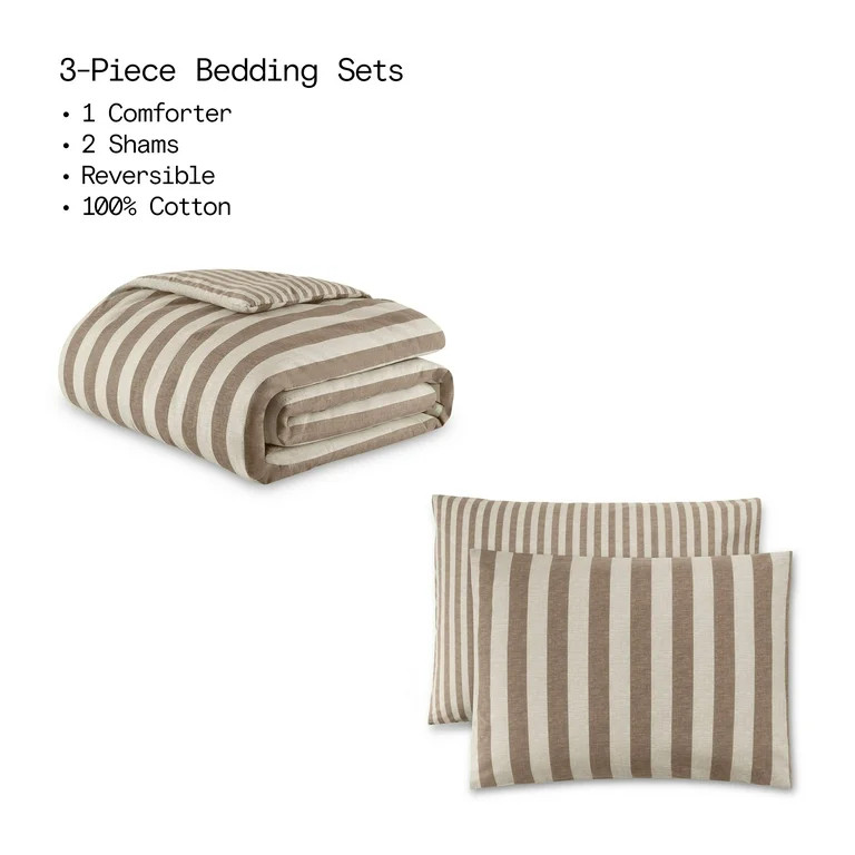 Beautiful 100% Cotton Striped 3-Piece Natural Comforter Set, King by Drew Barrymore | Walmart (US)