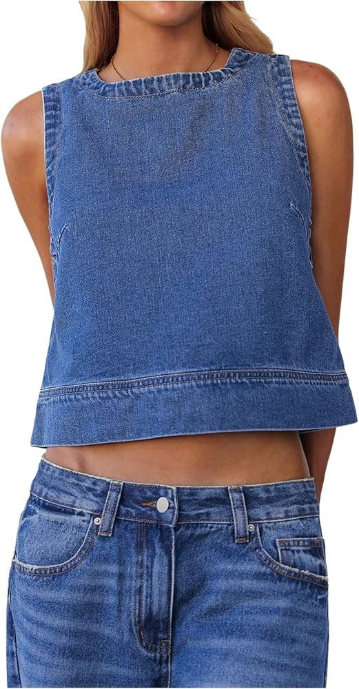 Milumia Women's Denim Vest Tank Top Sleeveless Round Neck Loose Fit Casual Jean Vests Streetwear | Amazon (US)