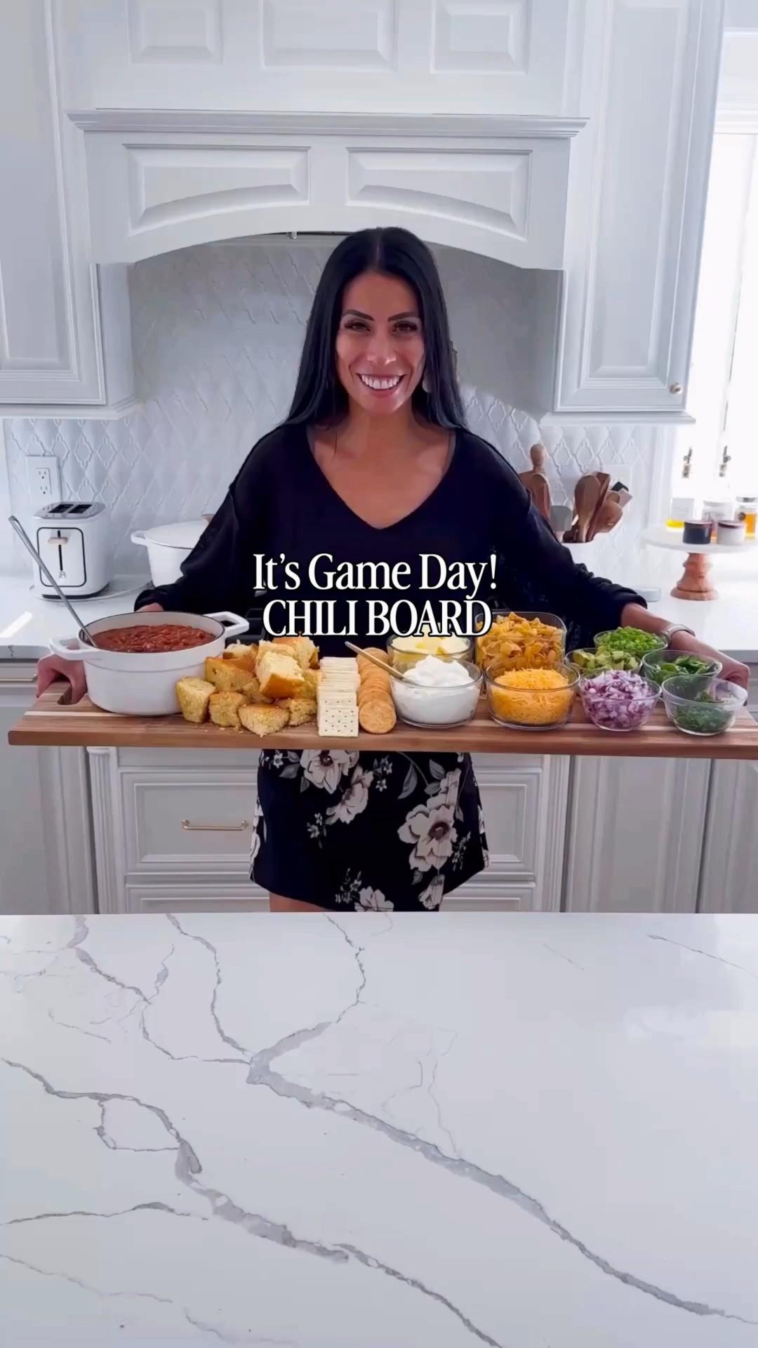 Ultimate Chili Board! My favorite of all for football season! 

Carla’s Chili:
• 2 tbsp olive oil
• 1 lg onion, chopped 
• 3 cloves of garlic, minced 
• 1 large bell pepper, chopped 
• 1 lb of ground beef
• 32oz dark red kidney beans
• 14.5oz canned tomato sauce 
• 1.5 cups beef broth 
• 1 tbsp chili powder 
• 1 tbsp cumin
• salt and pepper to taste
In a large pot over medium heat, add the oil, onion, garlic and pepper. Cook until onions are soft. Add ground beef and break it apart. Add the chili powder, cumin, salt and pepper. Add the tomato sauce, beef broth and beans and bring to a quick boil. Lower heat and simmer for about 15-20 minutes, checking to make sure nothing sticks to the bottom. Serve on a board with your favorite garnishes. This is what I used:
⭐️ Corn bread, saltine crackers, ritz crackers, butter, sour cream, shredded cheese, green onions, red onions, jalapeños, Fritos, diced avocado, cilantro.

#LTKfoodie #LTKHome #LTKSeasonal