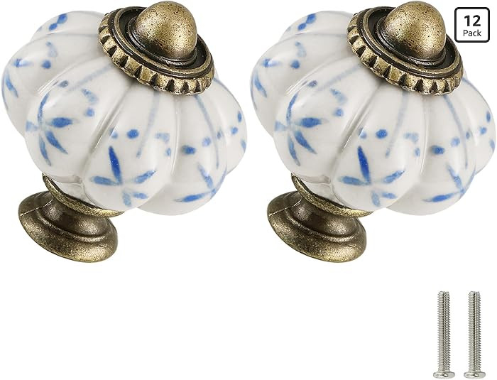 Ivory & Blue Pumpkin Knobs 12 Pack Ceramic Cabinet Knobs Vintage Drawer Pulls - Antique Dresser P... | Amazon (US)