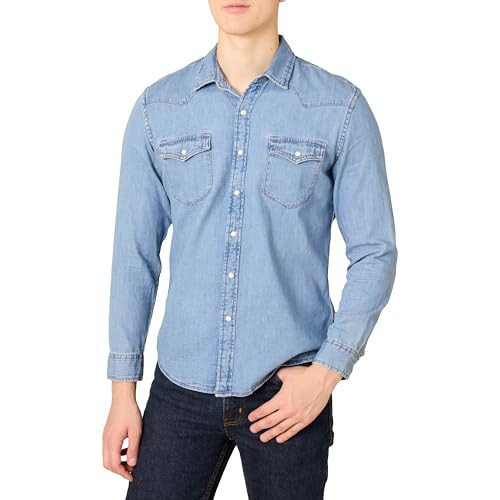 Amazon Essentials Men's Slim-Fit Long-Sleeve Denim Shirt with Snap Buttons, Light Blue, Small | Amazon (US)