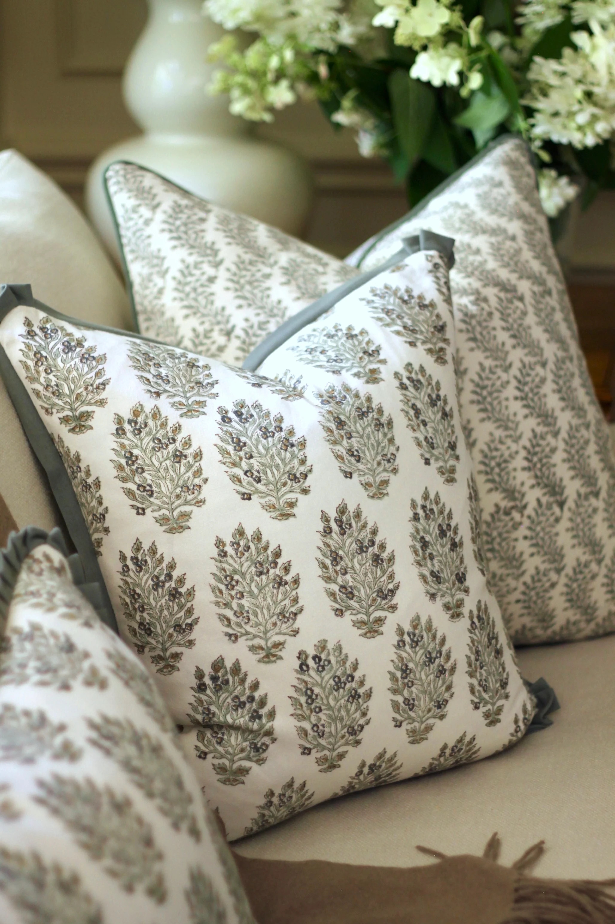 Hydrangea in Slate Pillow Covers with Slate Trim | JSH Home Essentials