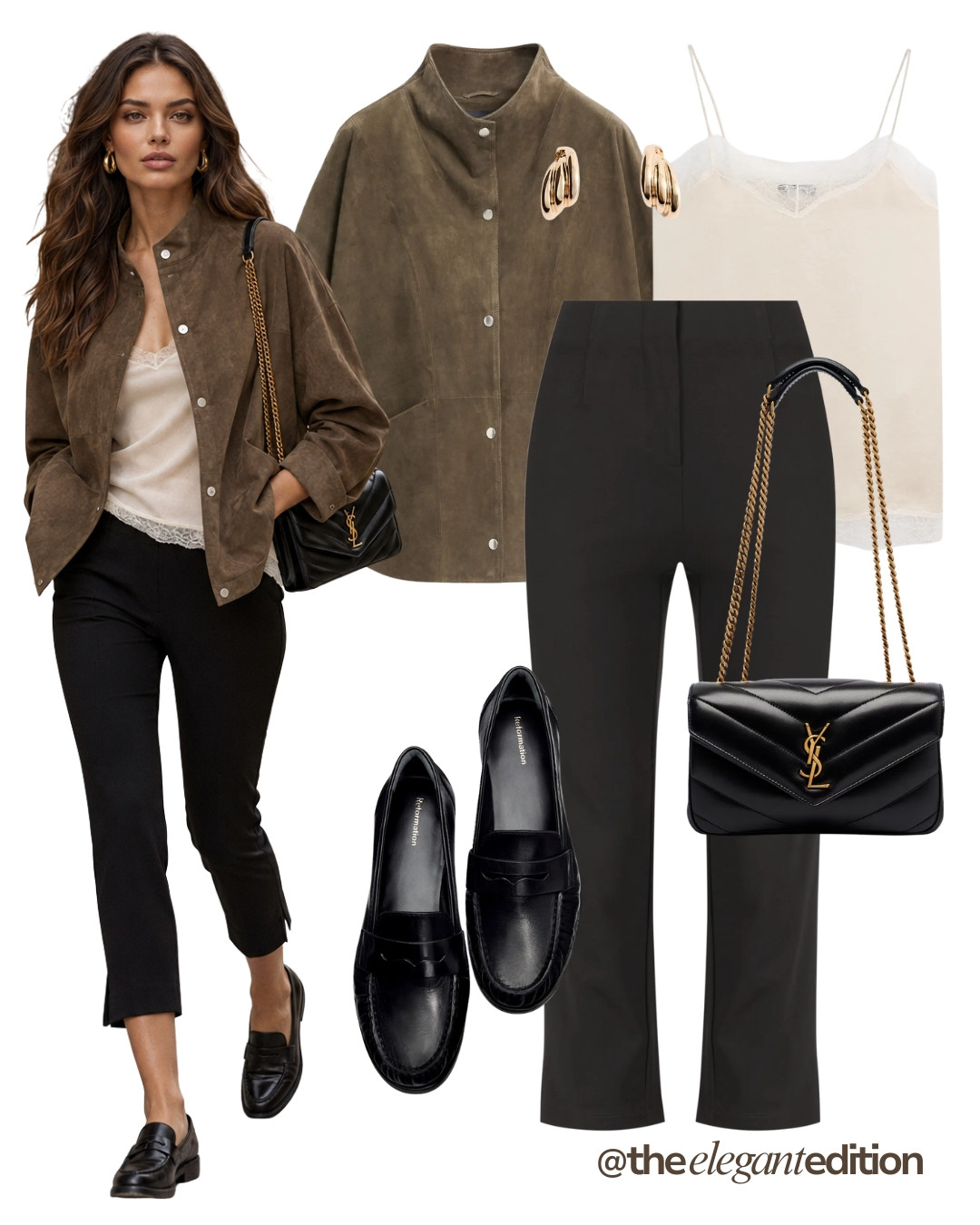 SUEDE JACKET LOOK - Olive suede jacket layered over a lace cami and cropped black trousers, an easy transitional outfit for autumn #suedejacket #blacktrousers #loafers #LTKautumn #LTKshoes #LTKstyletip 

 #LTKFashionMonth #LTKeurope #LTKautumn