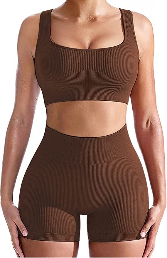 Workout Sets for Women, Seamless Crop Tops Leggings Matching 2 Pieces Outfits, Sexy Two Piece Yog... | Amazon (US)