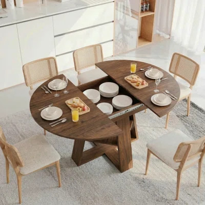 43.3"-59" Extendable Round Dining Table, Circle Kitchen Table Oval Dinner Table For 4-8, Farmhouse Dining Table With Removable Leaves Space Saving And | Wayfair North America