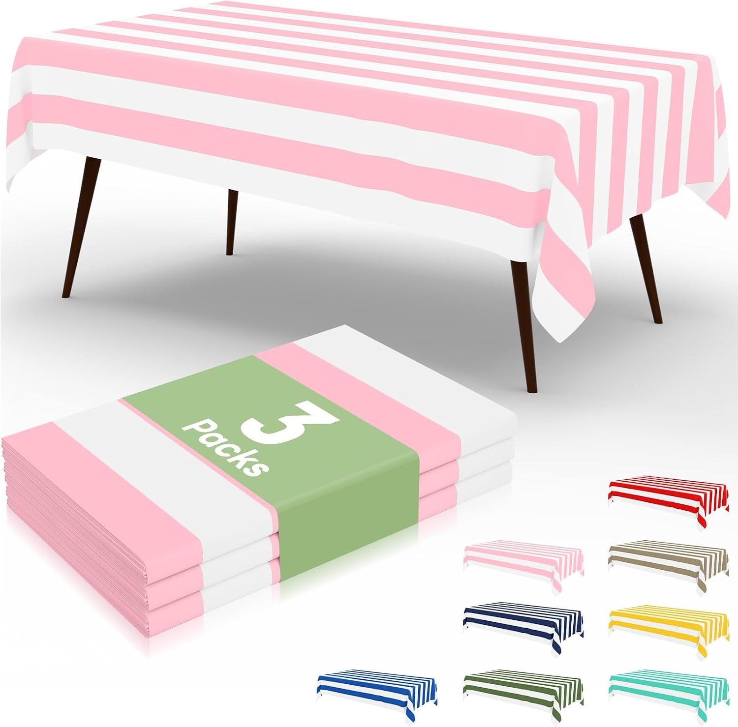 3 paquetes de manteles desechables a rayas, 54 x 108 pulgadas, mantel rectangular impermeable, a prueba de fugas y resistentes para picnic, fiesta y al aire libre, rosa y blanco | Amazon (US)