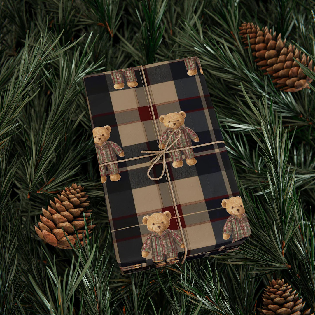 Ralph Lauren Christmas, Dark Plaid Wrapping Paper, Teddy Bear, Masculine Gift Wrap, Mens Wrapping... | Etsy (US)