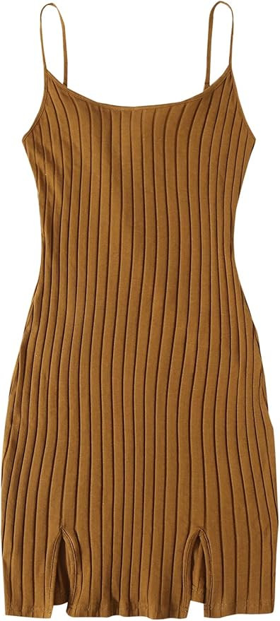 Floerns Women's Split Hem Rib Knit Spaghetti Strap Night Out Bodycon Short Dress | Amazon (US)