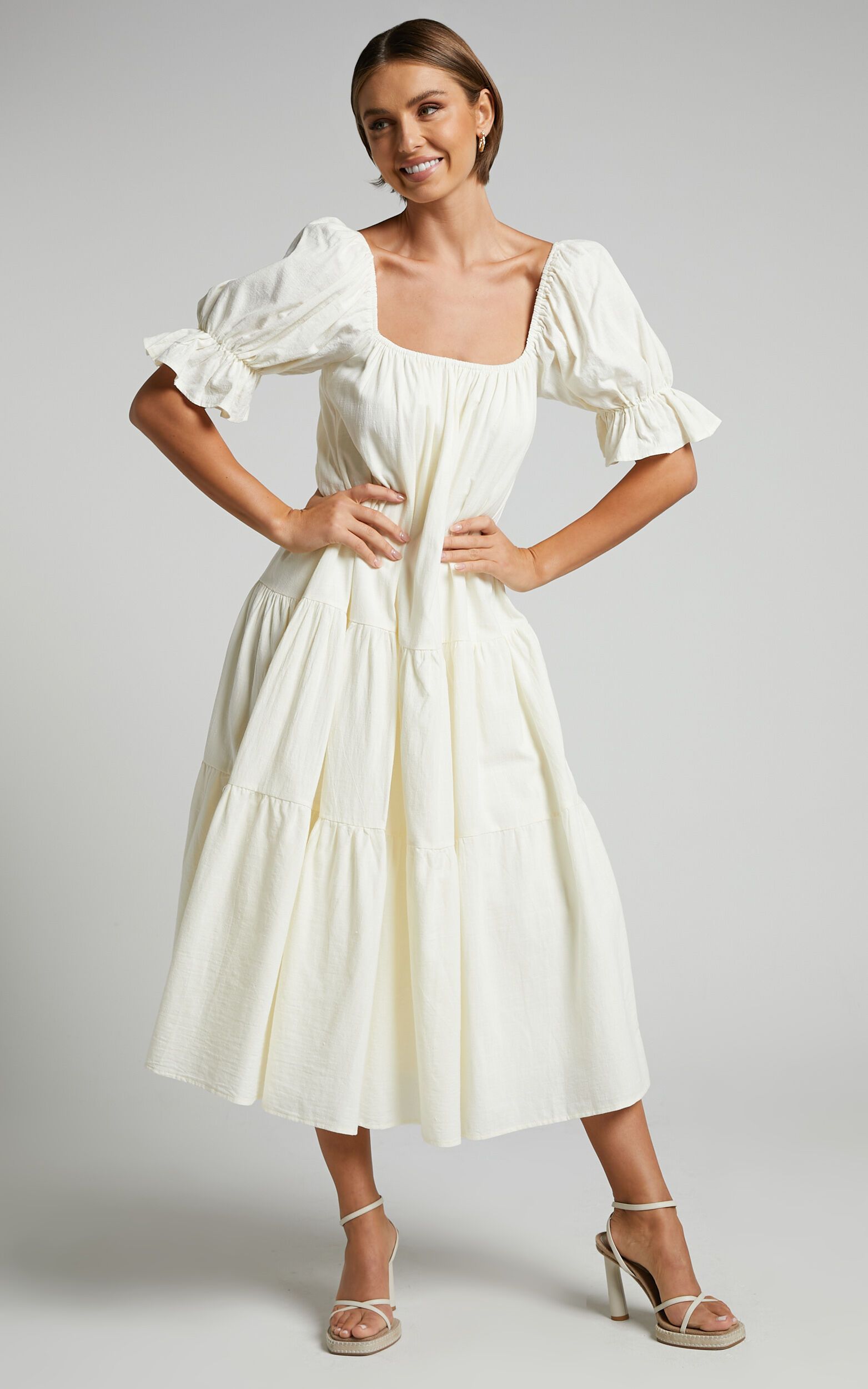 Zaharrah Midaxi Dress - Tiered Dress in Cream Linen Look | Showpo (US, UK & Europe)