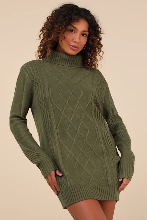 Cuddle Up Close Olive Green Cable Knit Turtleneck Sweater Dress | Lulus