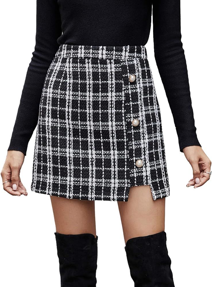 Milumia Women Elegant Plaid Button Front Mini Skirt High Waist Straight Tweed Skirt | Amazon (US)