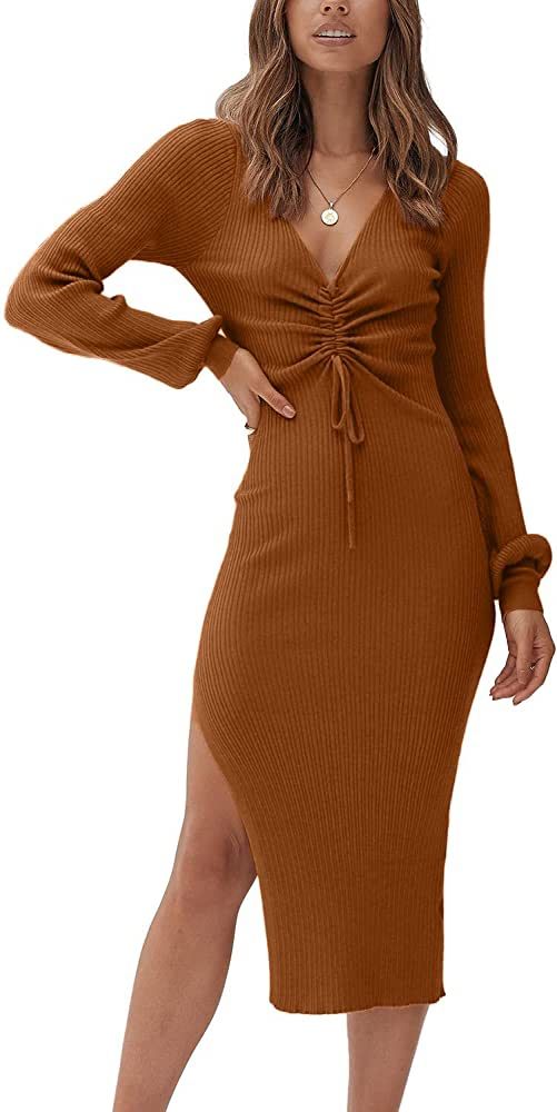 PRETTYGARDEN Women's Midi Sweater Dress Long Lantern Sleeve Ruched V Neck Drawstring Side Slit Kn... | Amazon (US)