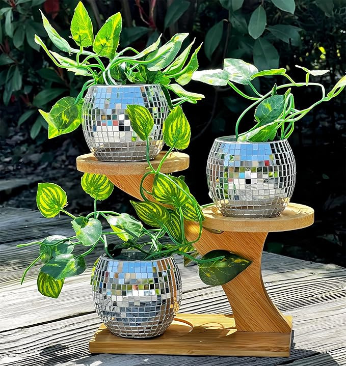 Set of 3 Small Disco Ball Vase,Disco Ball Planter with Wood Display Stand,Mirror Silver Glass Dis... | Amazon (US)