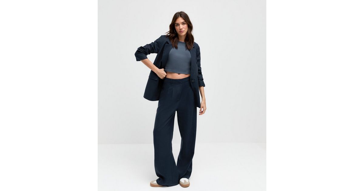 Navy Linen-Blend Wide Leg Tailored Trousers | New Look | New Look (UK)