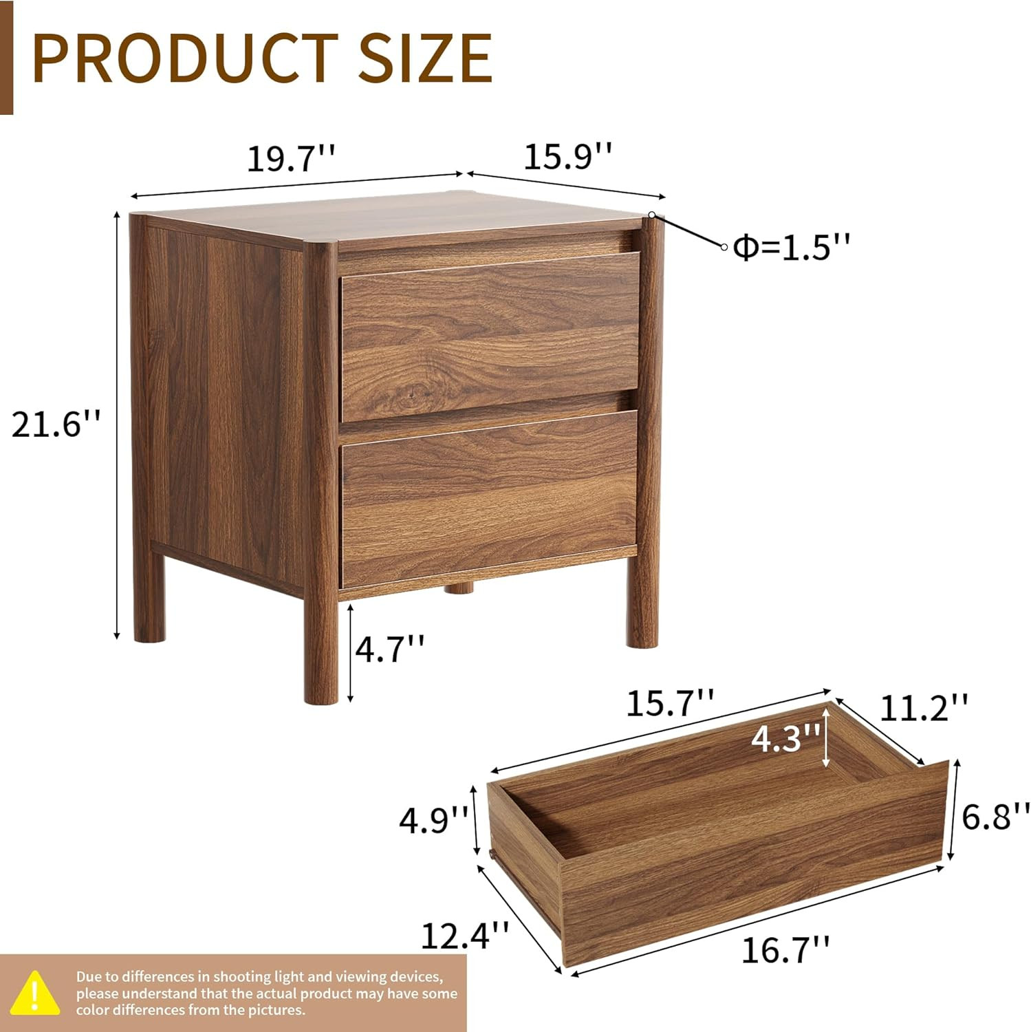Mid Century Modern Walnut Nightstand Set of 2, 2-Drawer Bedside Table with 4 Solid Wood Legs, End... | Amazon (US)