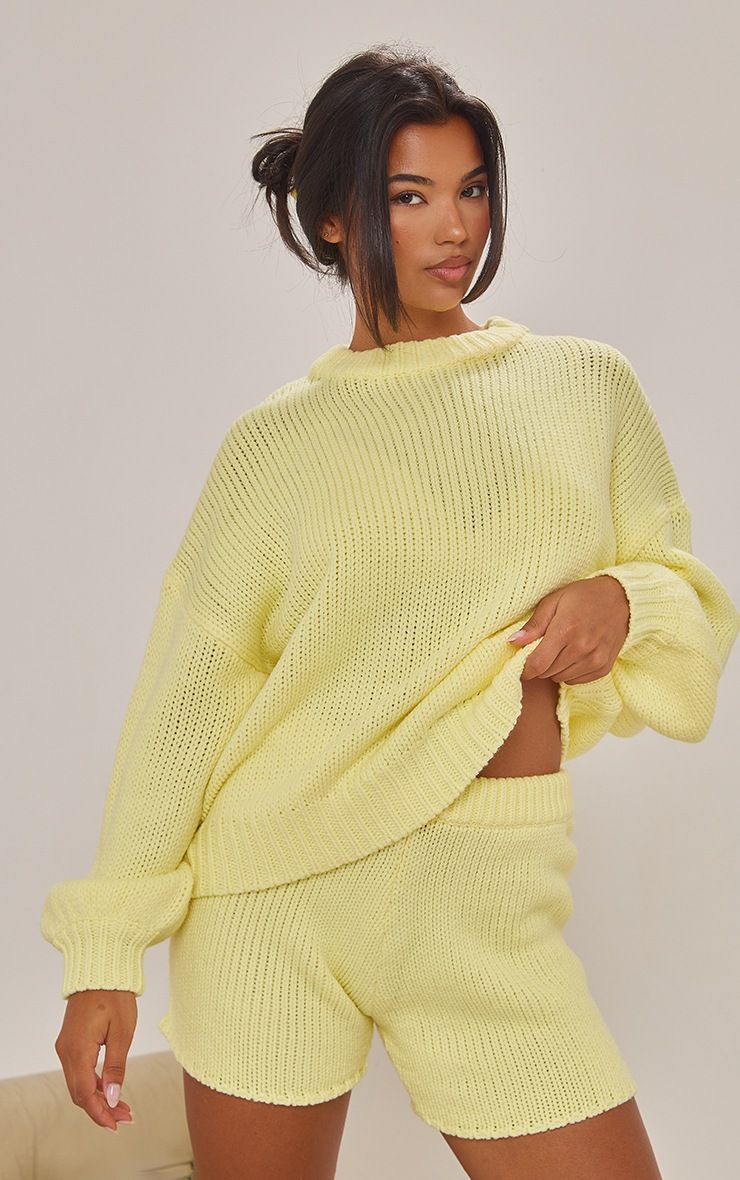 Lemon Chunky Knit Sweatshirt & Shorts Set | PrettyLittleThing US