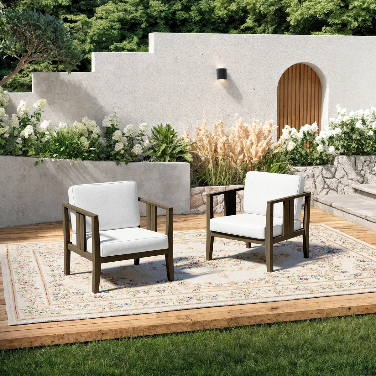 Solid Wood Teak Outdoor Lounge Chair With Cushion And Arm (Set of 2) | Wayfair North America