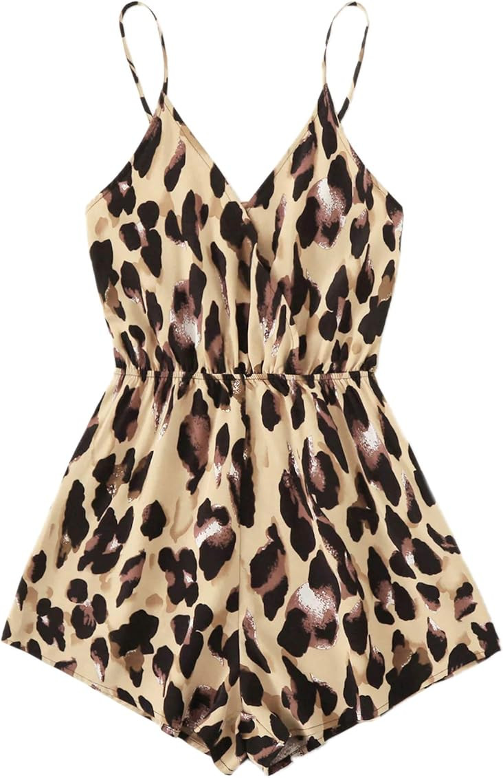 Verdusa Women's Leopard Print Wrap Spaghetti Strap Romper Cami Jumpsuit | Amazon (US)