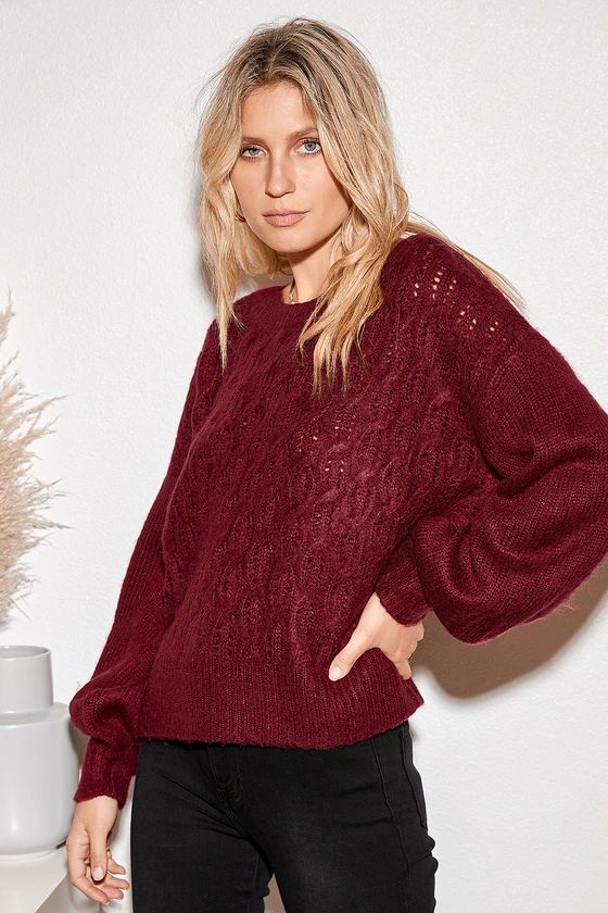 Sepulveda Wine Red Cable Knit Balloon Sleeve Sweater | Lulus (US)