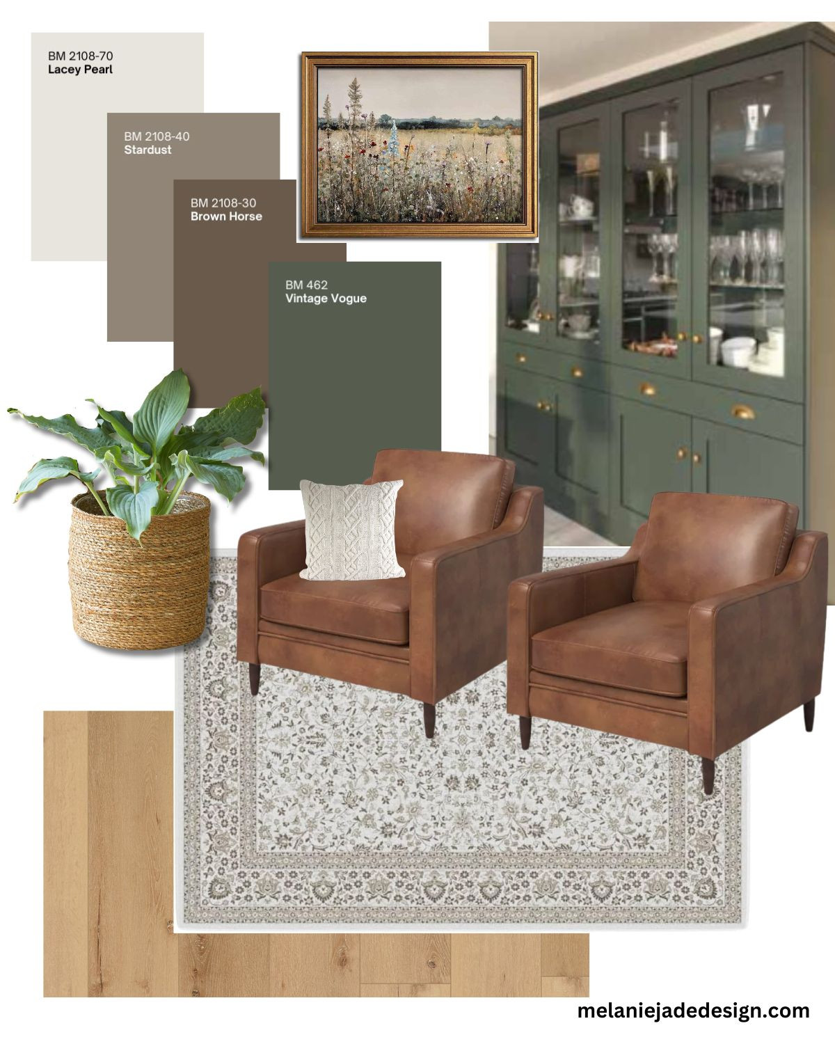 A living room with green cabinets, leather armchairs, a neutral rug and a green, brown and taupe color palette with vintage artwork 

 #LTKhome #LTKstyletip