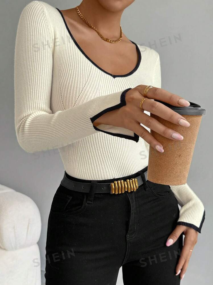 SHEIN Essnce Black Edged, Split Cuff, Slim Fit Women's Casual Sweater | SHEIN