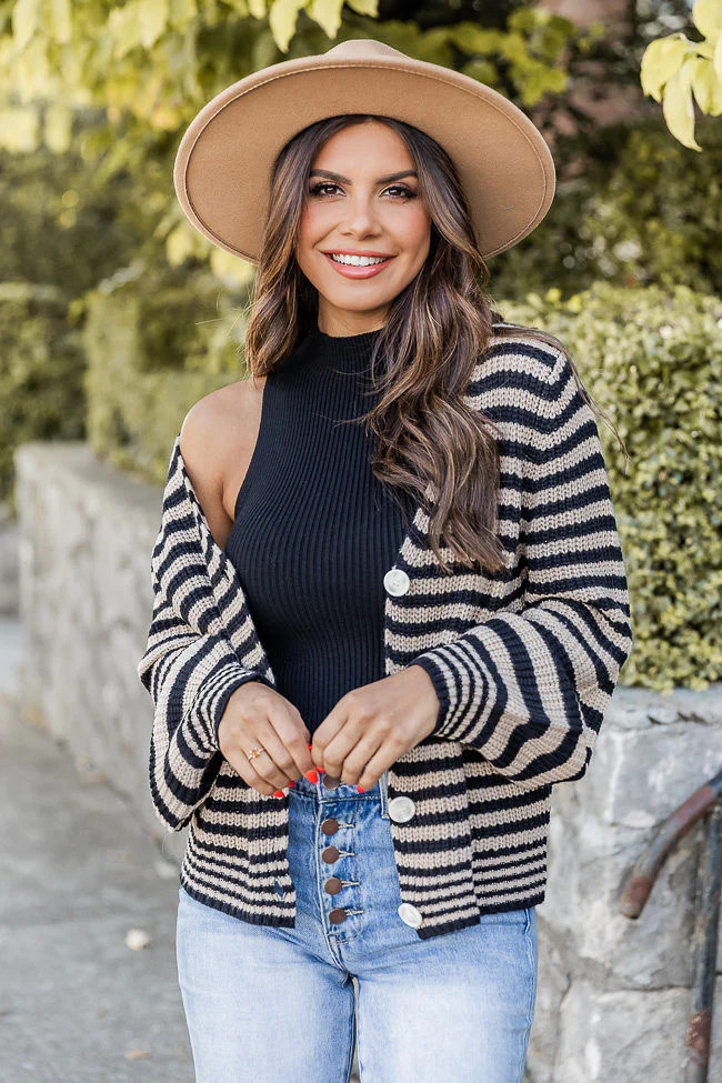Saw It Coming Black and Beige Striped Cardigan | Pink Lily