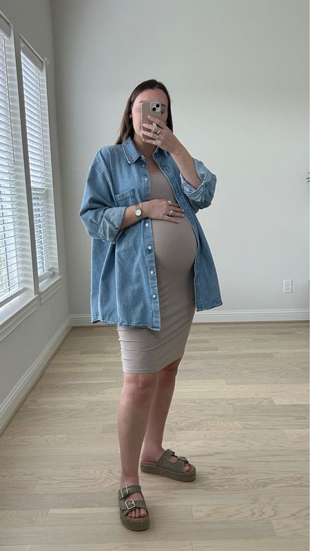 Casual bump friendly outfit for summer! This maternity dress is so comfortable 😍 wearing a size M

Denim shirt is old 
Shoes I sized up 1/2 

#LTKStyleTip #LTKBump #LTKFindsUnder50