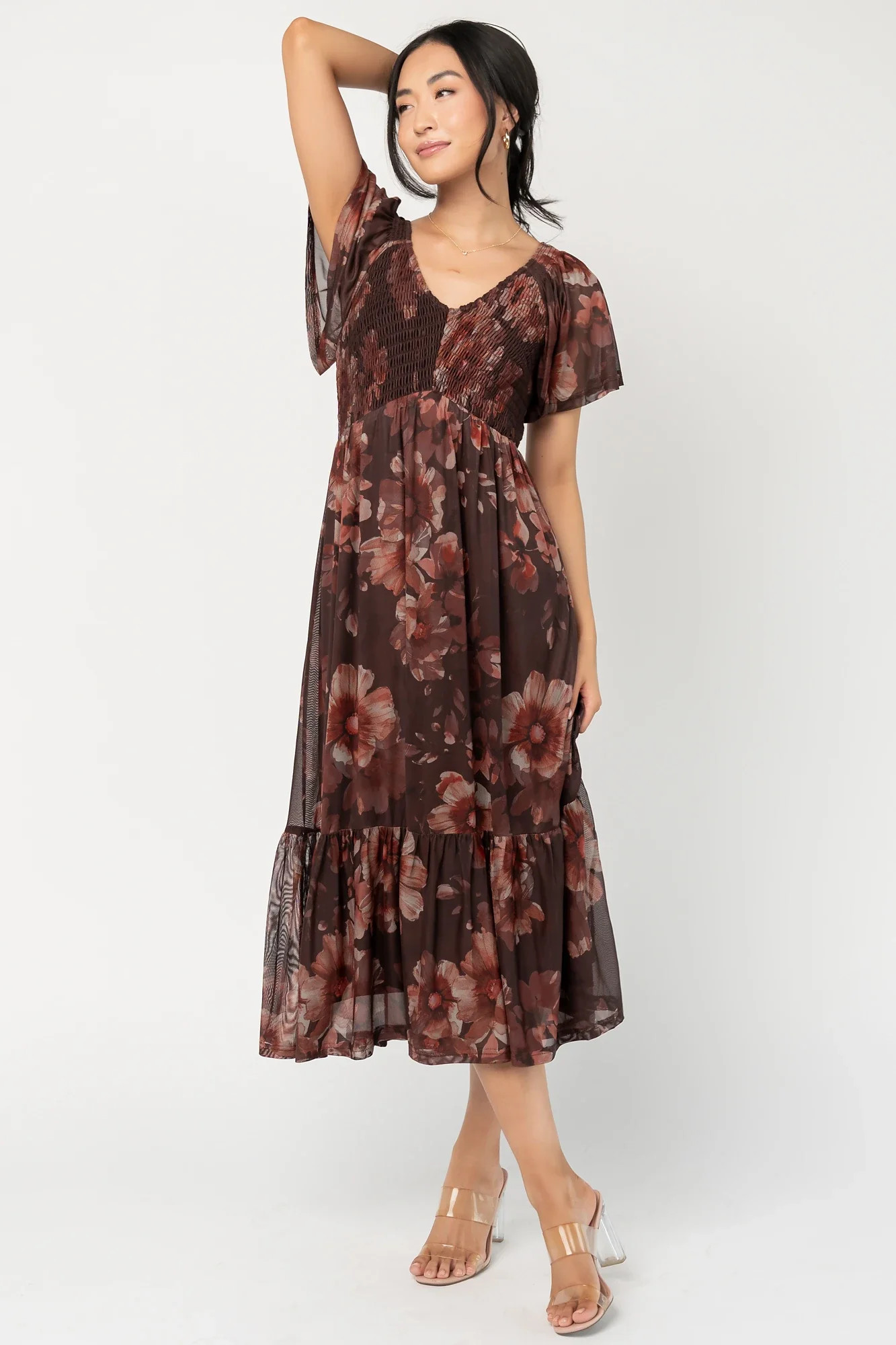 Livia Mesh Midi Dress | Brown + Rust Floral | Baltic Born