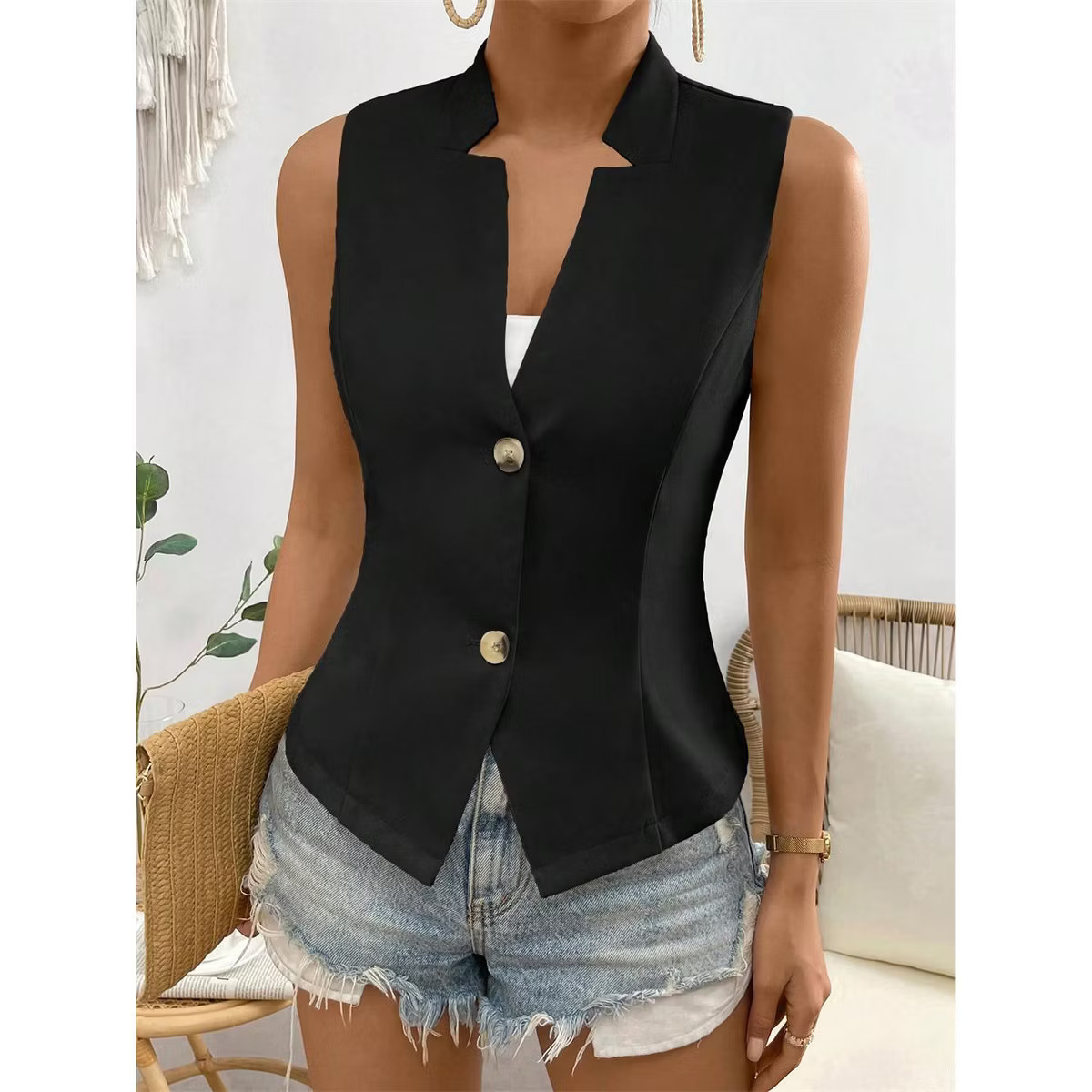 Womens Sleeveless Vest Lapel Fitted Waist Button Casual Top Jackets | Target