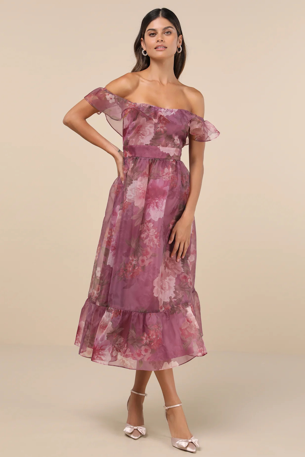Sweet Composure Plum Floral Organza Off-the-Shoulder Midi Dress | Lulus