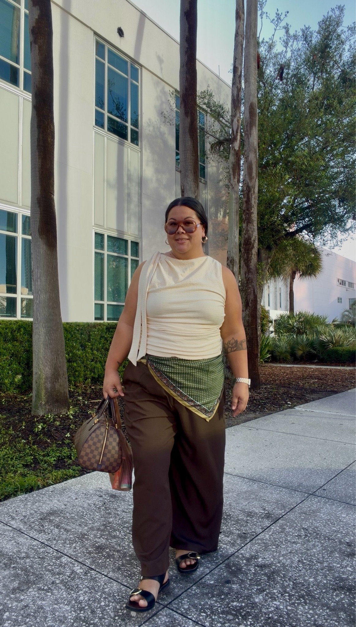 Outfit idea. Business casual look for the office. Pants are linked in both regular and plus size and comes in several colors.
Butter yellow sleeveless top with tie shoulder. The material is super stretchy and textured. 
The pants don’t stretch but have an elastic waist at the back.
The scarf is a triangle shape meant for the waist line belt look but would also look cute around the neck.
The sizing is accurate. Go by your number size and know your measurements! Each item tells you exact measurements when you click on the size.

#LTKootd #LTKmorningroutine #LTKOver40