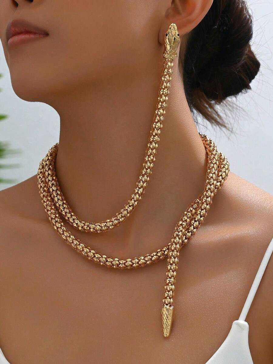 1pc Women Retro Punk Style Snake Wrap Around Earrings Necklace Set, Fashion Accessory For Daily A... | SHEIN