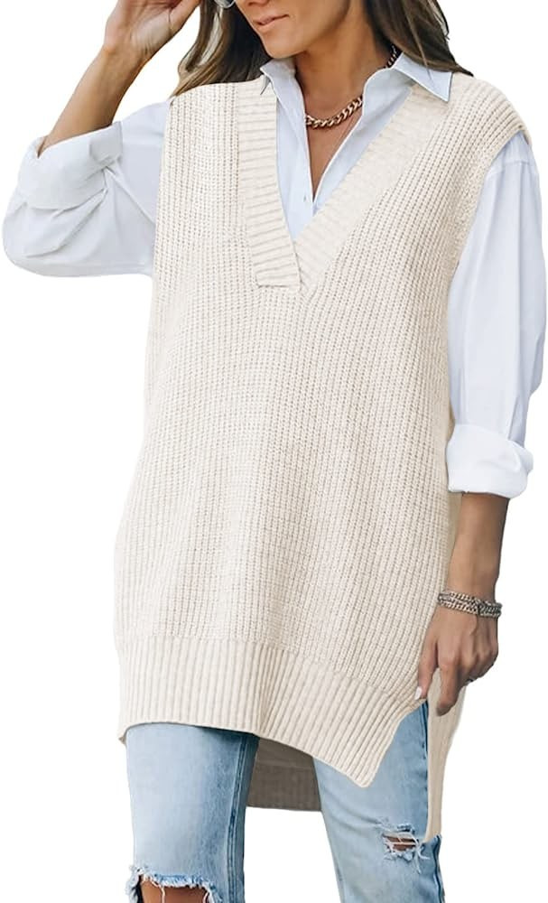 Viottiset Women's Oversized V Neck Knit Sweater Vest Tunic Sleeveless Pullover Top | Amazon (US)