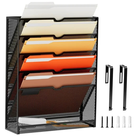Marbrasse Wall File Organizer，6-Tier Hanging File Holder with Hooks,Magazine Folders for Office... | Walmart (US)