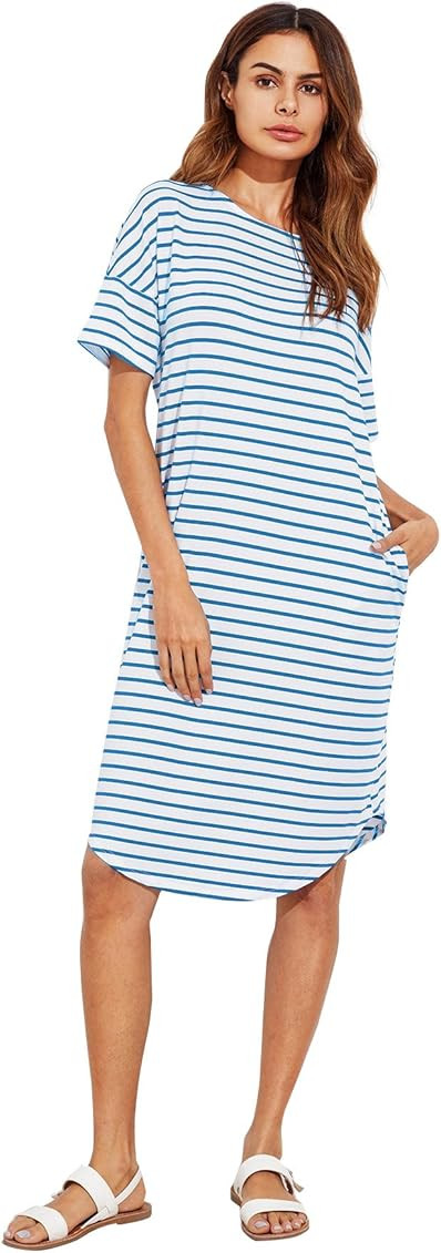 Floerns Women's Short Sleeve Drop Shoulder Pocket Stripe T Shirt Dress | Amazon (US)