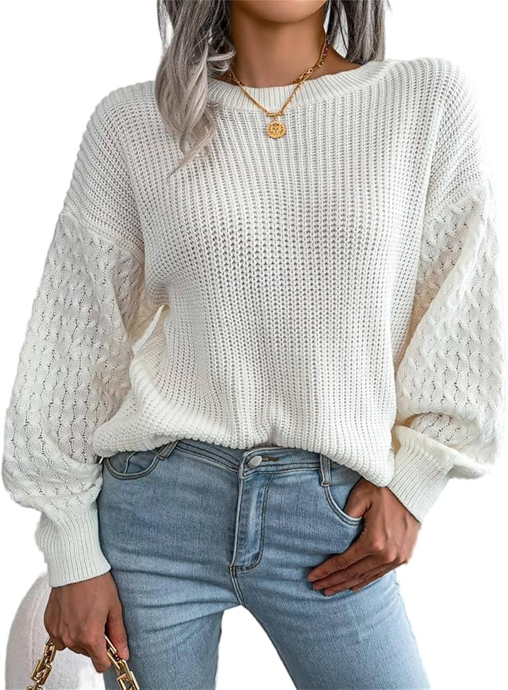 Women O-Neck Solid Thick Warm Sleeve Sweaters Long Sleeve Crew Neck Casual Chunky Knit Pullover C... | Amazon (US)