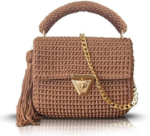 Handmade Caramel Crochet Shoulder Bag for Women | Gold Chain & Top Handle | Boho Knitted Purse | ... | Amazon (US)
