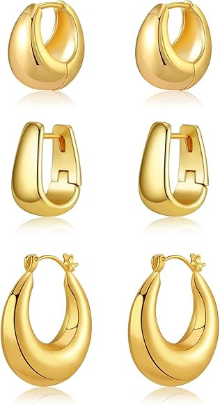 Gold Chunky Hoop Earrings Set for Women, 14K Gold Plated Huggie Hoop Earring Hypoallergenic, Thic... | Amazon (US)
