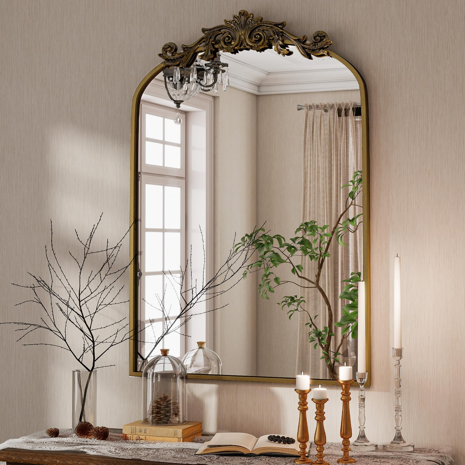 Vintage Arched Bathroom Mirror, 24x36 Inch Retro Wall Mounted Vanity Mirror with Carved Pattern T... | Amazon (US)