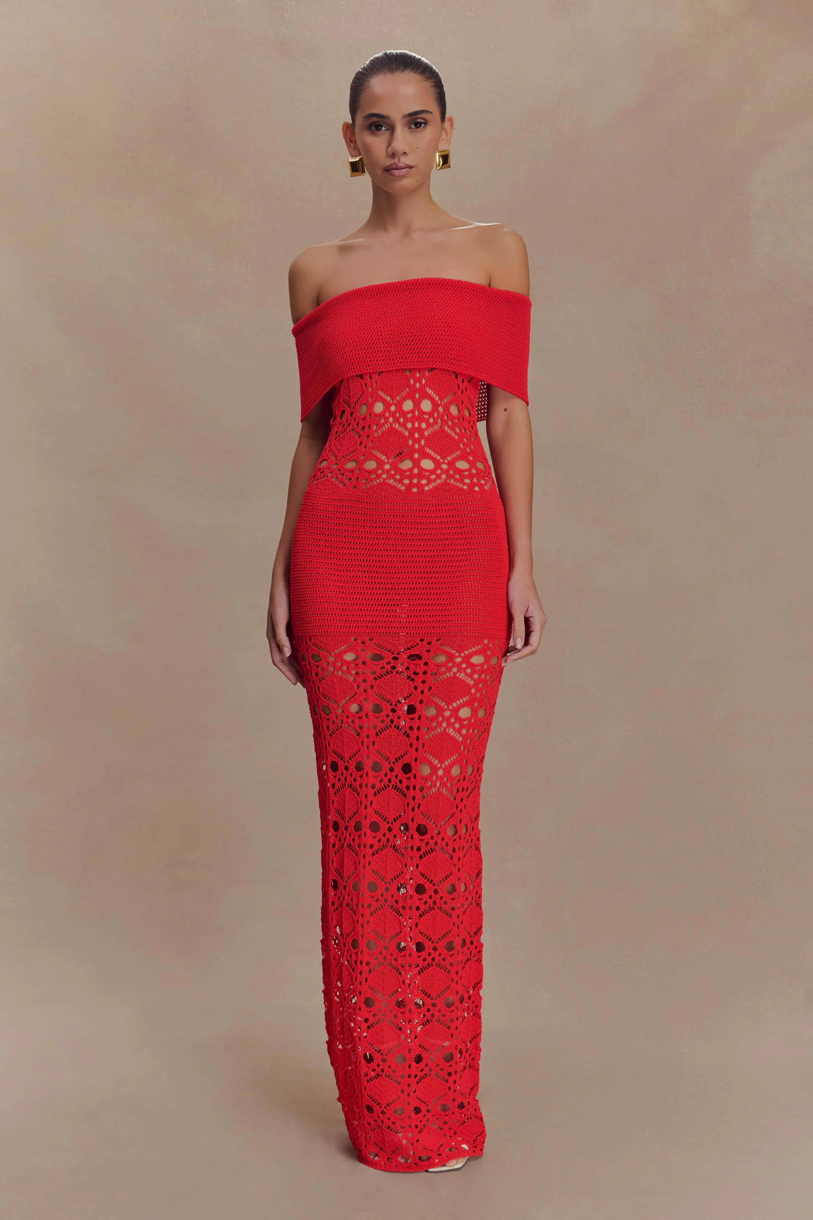 Off Shoulder Crochet Knit Maxi Dress - Blood Orange | MESHKI US
