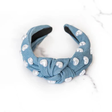 Denim Headband with White Pearl Hearts | Golden Thread