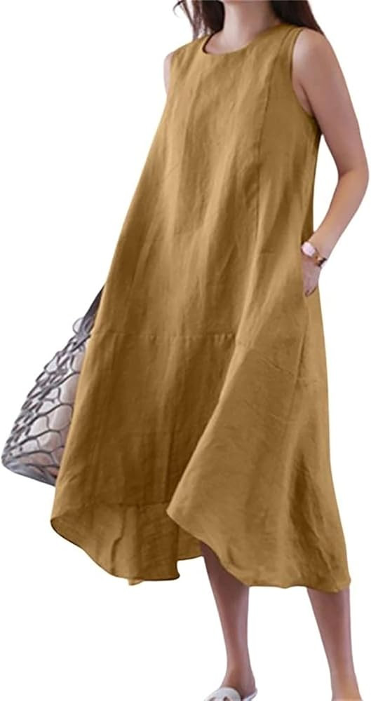 yoeasy Women Cotton Linen Crew Neck Sleeveless High Low Tank Long Dress Summer Casual Flowy Maxi ... | Amazon (US)