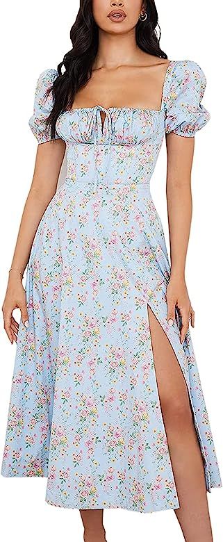 Women's Summer Boho Floral Dress Square Neck Ruffle High Split Beach Long Maxi Cottagecore Dress ... | Amazon (US)