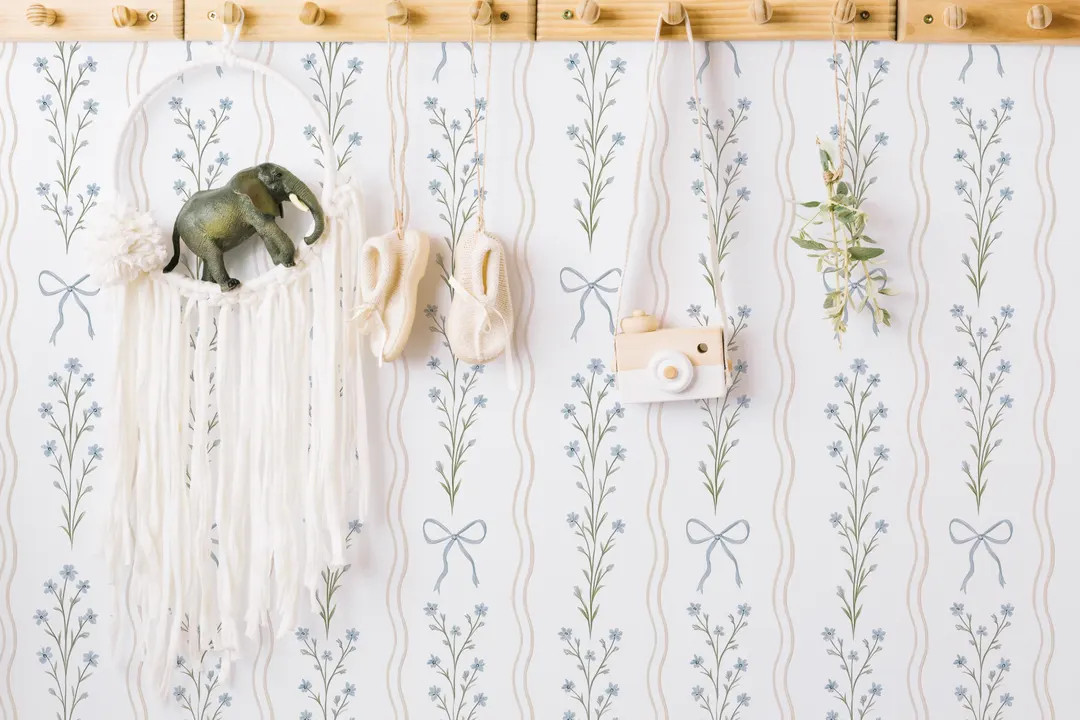 Blue Floral Ribbon Stripe Peel and Stick Kids Wallpaper, Vintage Nursery Pattern Removable Wallpa... | Etsy (US)