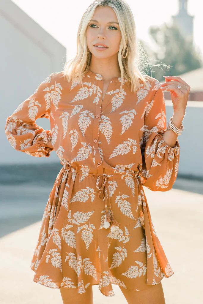 Tell Me How Camel Brown Leaf Print Dress | The Mint Julep Boutique